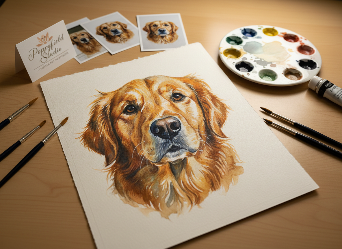A close-up, photographic view of a custom pet portrait in progress laid flat on a smooth, pale wood desk. The artwork shows a richly detailed dog with glossy fur and soulful eyes, rendered in vibrant yet tasteful colors on thick, textured watercolor paper. Around the portrait rest high-quality brushes, a ceramic palette with muted paints, and a few reference photos partially out of focus. Soft studio lighting from above and slightly to the right creates delicate highlights on the wet paint and subtle shadows along the paper’s torn deckle edge. Shot from a slightly elevated angle with shallow depth of field, keeping the pet’s face in crisp focus. The atmosphere feels intimate, meticulous, and sophisticated, highlighting the craftsmanship of Poppyfield Studio’s custom work.