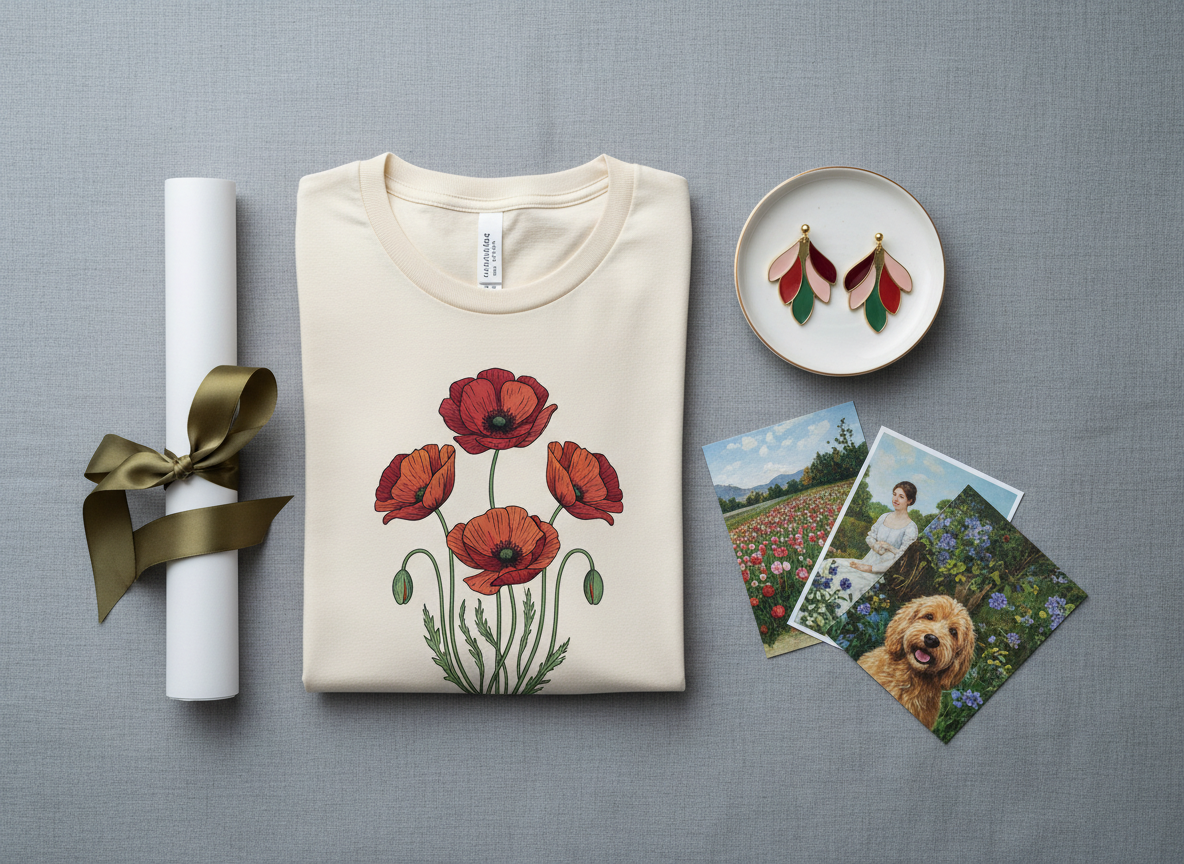 A refined flat-lay composition of Poppyfield Studio merchandise arranged on a cool gray linen backdrop. In the center, a neatly folded soft cotton T-shirt displays a tasteful, artistic poppy illustration. Beside it, a pair of elegant enamel earrings shaped like stylized petals rests on a small ceramic dish, and a set of art postcards featuring miniatures of murals, paintings, and pet portraits fans outward. A rolled art print is secured with a satin ribbon, hinting at larger works. Gentle overhead daylight creates a soft, even glow with barely-there shadows, ideal for showcasing texture and color. Photographic realism, top-down perspective, crisp focus across the frame. The mood is polished, curated, and boutique-like, communicating a sophisticated brand identity without any human presence or text.