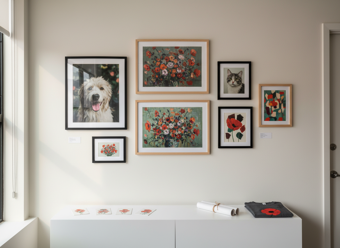 A minimalist gallery-style wall in a modern loft, featuring an arranged collection of framed artwork from Poppyfield Studio. Large photographic prints of expressive pet portraits, lush floral paintings, and abstract poppy-inspired pieces are mounted in slim black and natural wood frames. Below, a narrow console table in matte white holds neatly displayed postcards, a few rolled posters tied with twine, and a folded graphic T-shirt showcasing a stylized poppy emblem. Soft, diffused natural light washes over the scene from the left, creating subtle reflections on the glass and gentle shadows behind the frames. Photographic realism, wide-angle composition with sharp focus throughout, emphasizing a refined, sophisticated atmosphere perfectly suited for a professional art portfolio.