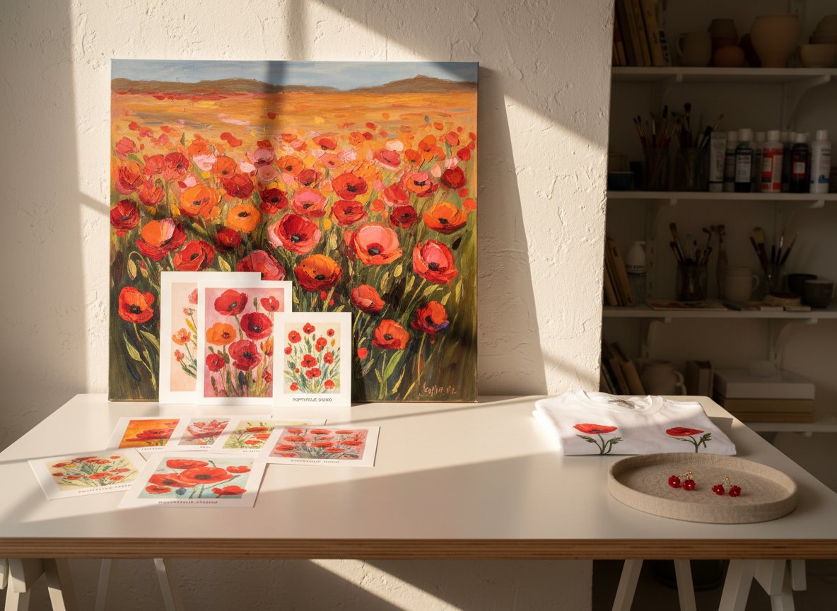 A polished white oak worktable in a sunlit studio, carefully arranged with original artwork from Poppyfield Studio. A large, richly colored canvas painting of a vibrant poppy field leans against the wall, its textured brushstrokes and layered reds and oranges almost tangible. Around it lie neatly stacked art prints, a few folded T-shirts with subtle floral illustrations, and a pair of delicate handcrafted earrings on a linen tray. Soft afternoon light filters through an unseen window, casting gentle shadows and warm highlights across the surfaces. Photographic realism, shot at eye level with a slight angle, shallow depth of field softly blurring the distant studio shelves. The mood is sophisticated, calm, and curated, evoking an elegant creative workspace without any people present.